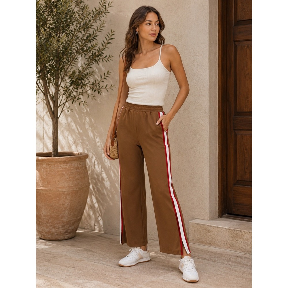 Anthropologie Maeve Martine Ponte Track Pants XL Brown Red Side Stripe Wide Leg